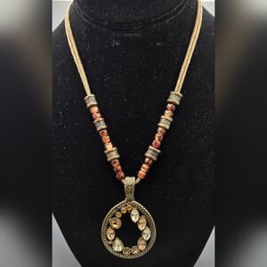 Premier Designs Earthy Beaded Necklace with Crystal Pendant 16" + 3" Extender